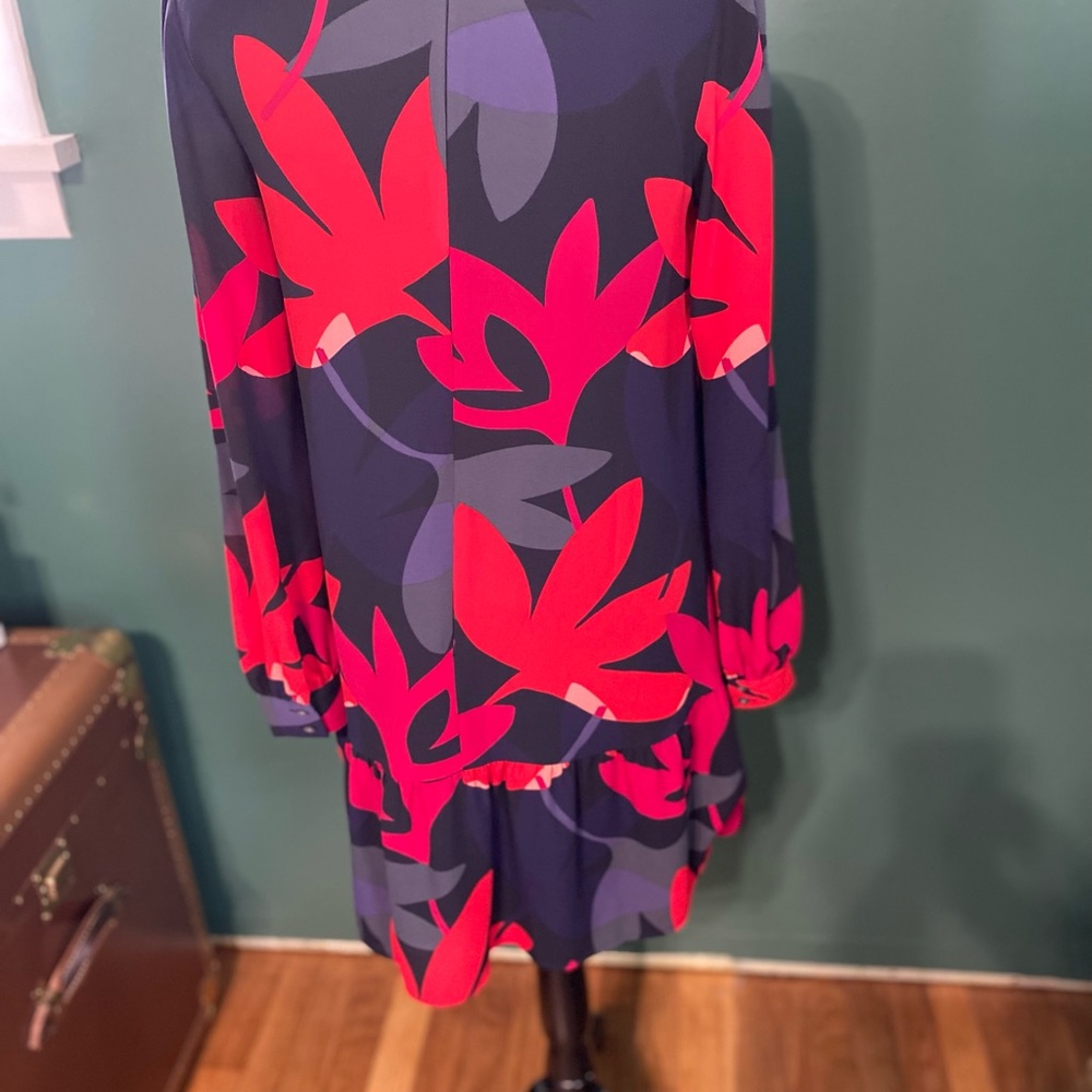 LOFT Blue and Red A-line Midi Dress with Bishop Sleeves